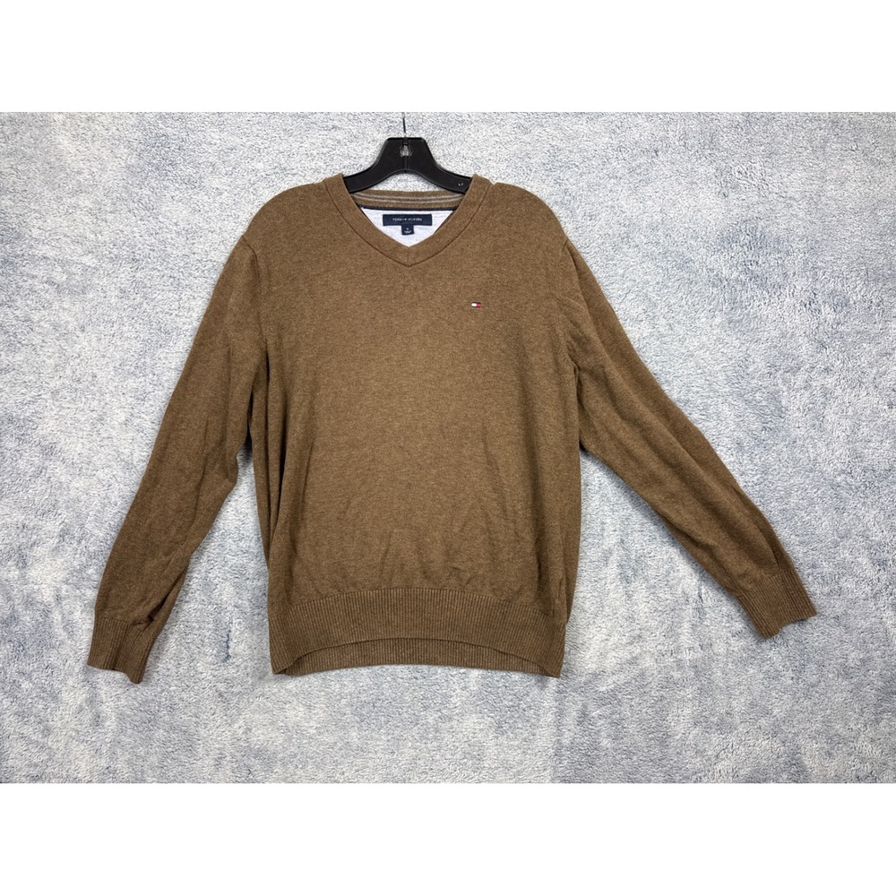 Tommy Hilfiger Mens M Brown V-Neck Cotton Knit Flag Logo Sweater Pullover
